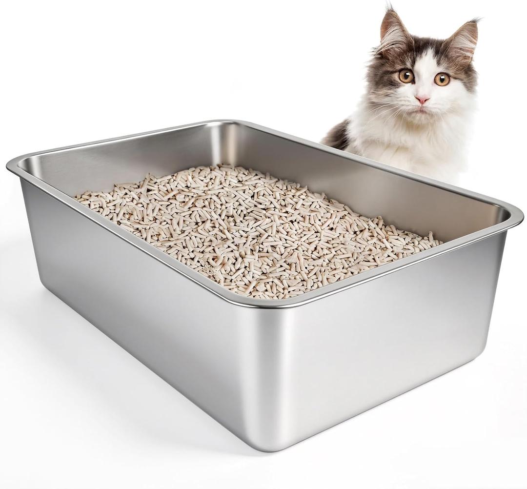 IKITCHEN Stainless Steel Cat Litter Box, Large Metal Litter Box for Cats, Never Absorbs Odors,Stain Free, Rustproof, Non Stick Smooth Surface, Anti-Slip Rubber Bottom, 23.5" L x 15.5" W x 8" H