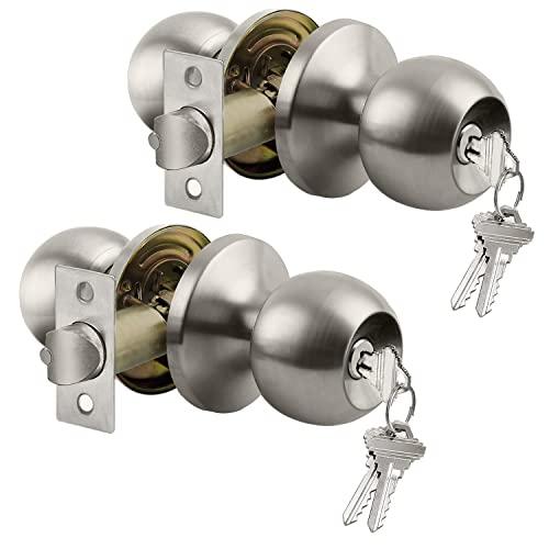 BESTTEN [2 Pack] Entry Door Knob with Lock, Keyed Different Door Lock for Exterior Door and Front Door, Standard Ball, Satin Nickel