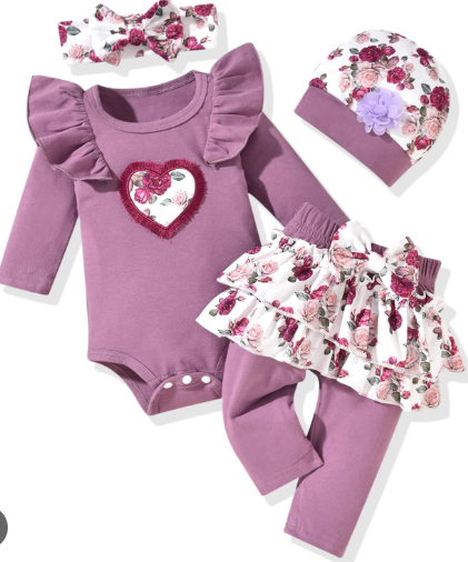 fioukiay Newborn Baby Girl Clothes Infant Girls Floral Love Printed Romper and Ruffle Pants Sets 4pcs Winter Fall Outfits, 3-6M
