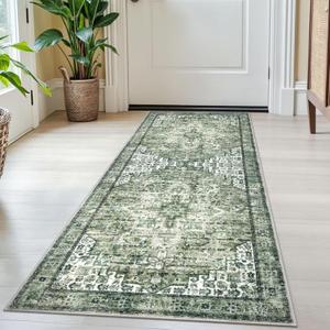 SIILOOM 2x5 Runner for Hallways, Green Non-Slip Washable Kitchen Runners, Vintage Boho Runner Printed Rug with Non-Shedding, Soft Medallion Floor Carpet Rugs for Laundry Bedroom Entryway