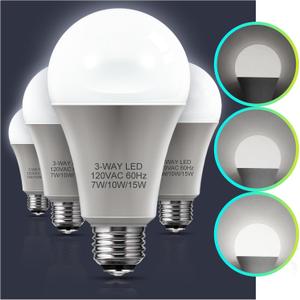 LOHAS 3-Way LED Light Bulbs, 4 Pack - 50/100/150W Equivalent, Daylight White 5000K, A19 E26 Base for Desk, Floor, Table Lamps