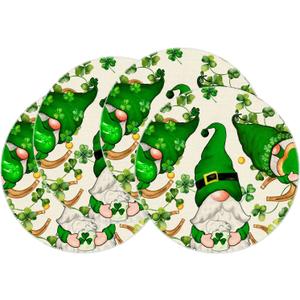 2 x XCHI Gnomes Green Shamrocks Clovers Horseshoes St. Patrick's Day Round Placemats Set of 4 Table Mats for Party Home Kitchen Dining Table Decorations 14x14 Inch