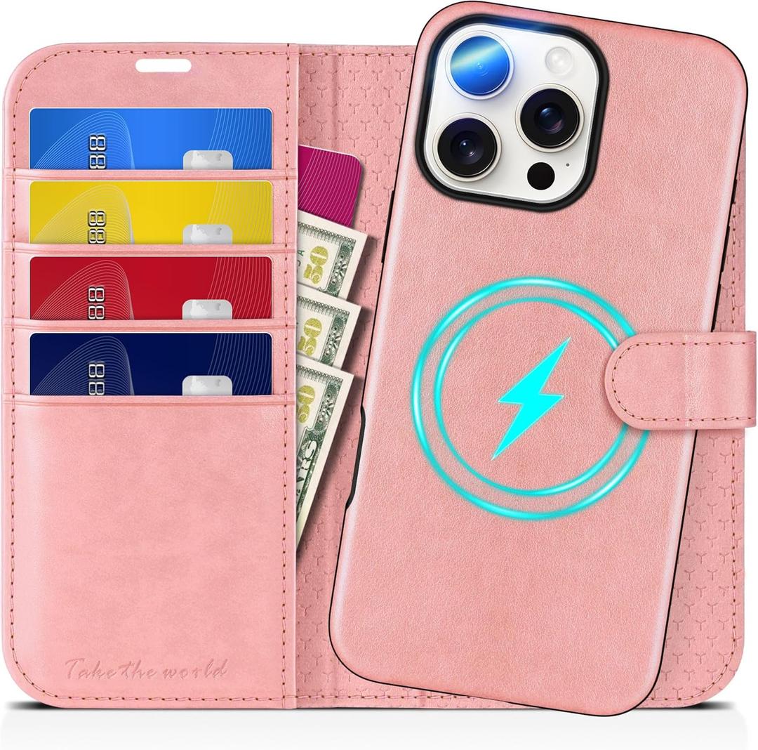 TUCCH Case Wallet for iPhone 16 Pro Max, Removable [2 in 1] [Wireless Charging] PU Leather Magnetic Stand RFID Blocking [4 Card Slot] Detachable Protective Folio for iPhone 16 Pro Max, Rose Gold