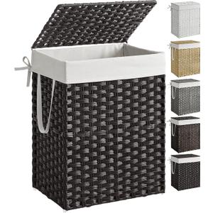 SONGMICS Laundry Hamper with Lid, 23.8 Gallon (90 L) Synthetic Rattan Clothes Laundry Basket with Lid and Handles, Foldable, Removable Liner, Black ULCB51BK