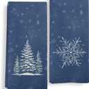 Navy Blue Christmas Kitchen Towels, Winter Christmas Dish Tea Towels, Winter Holiday Snowflake Tree Decorative Hand Towels for Bathroom Decor, 16X24In Set of 2