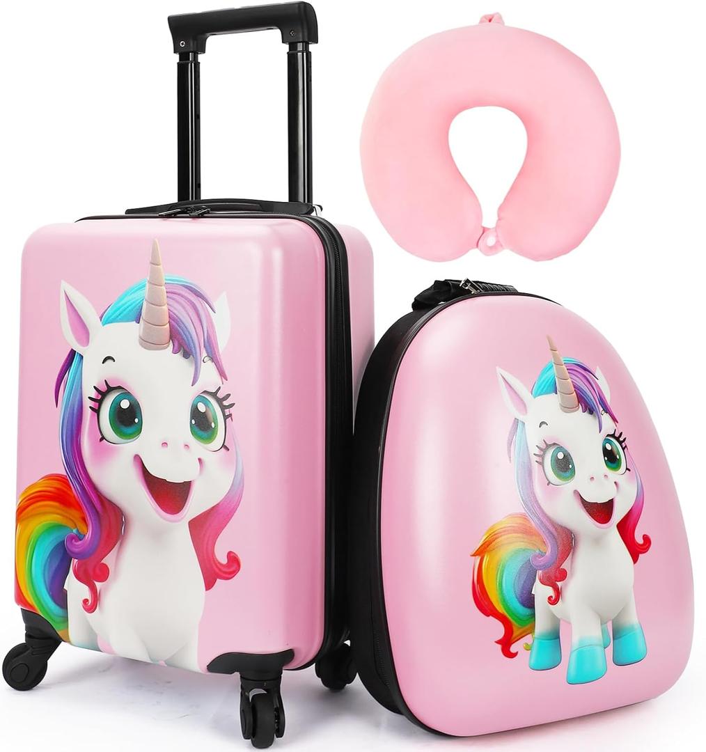 emissary 3 Pieces Unicorn Kids Luggage Set for Girls, 16" Hardside Carry on Luggage with Spinner Wheels, Toddler Suitcases Set Travel Rolling Kid's Luggage Airline Approved (Pink Unicorn 02)