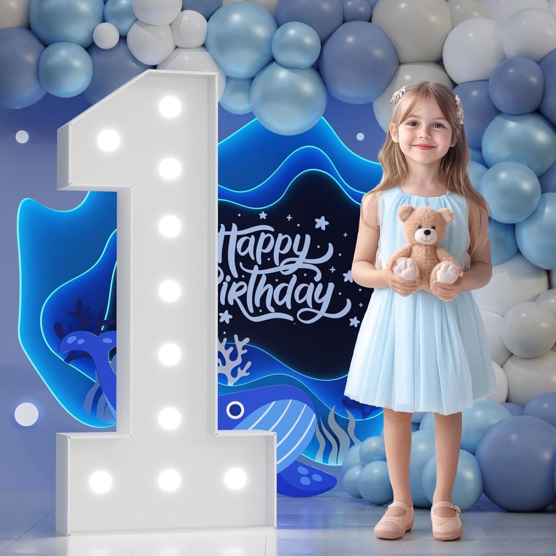 Marquee Number 1st-Birthday Decorations: 4FT Large Light up Numbers 1 Big Sign for Boy Girl First Birthday Sweet One Year Old Party Decor Anniversary Graduation Wedding Engagement Mosaic Balloon