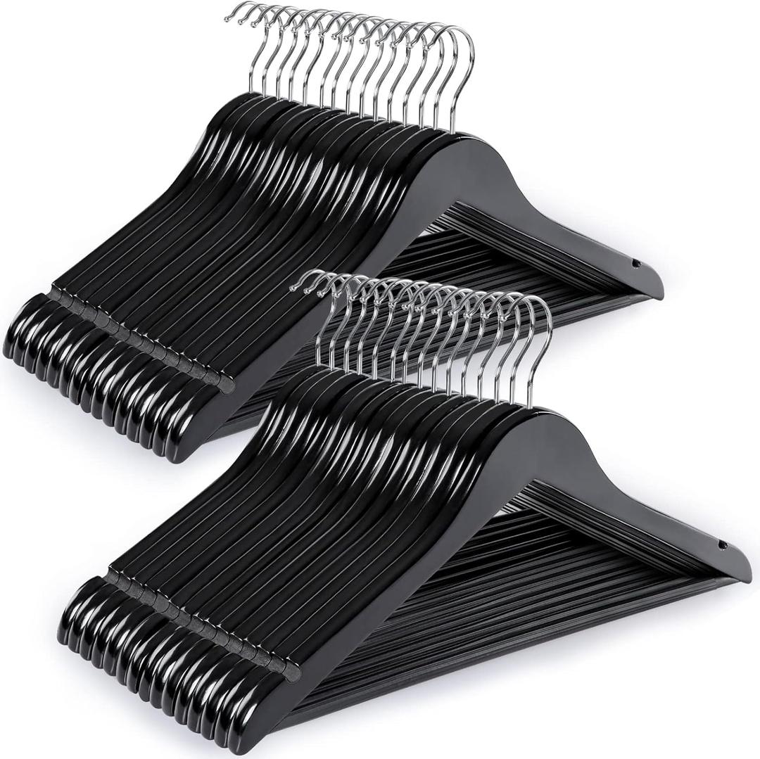 TOPIA HANGER Wooden Coat Hangers 30 Pack, Black Wood Suit Hangers with Non Slip Pants Bar, 360 Swivel Hook and Shoulder Notches for Camisole, Jacket, Pants, Smooth Finish Clothes Hangers -CT34B30