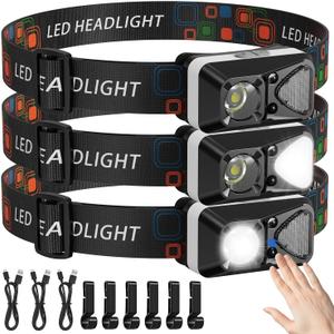 LED Headlamp Rechargeable with Motion Sensor, Headlamps for Adults Rechargeable with White Red Light Waterproof 6 Modes for Outdoor Camping Running Hard Hat Fishing Repair, 3 Pack