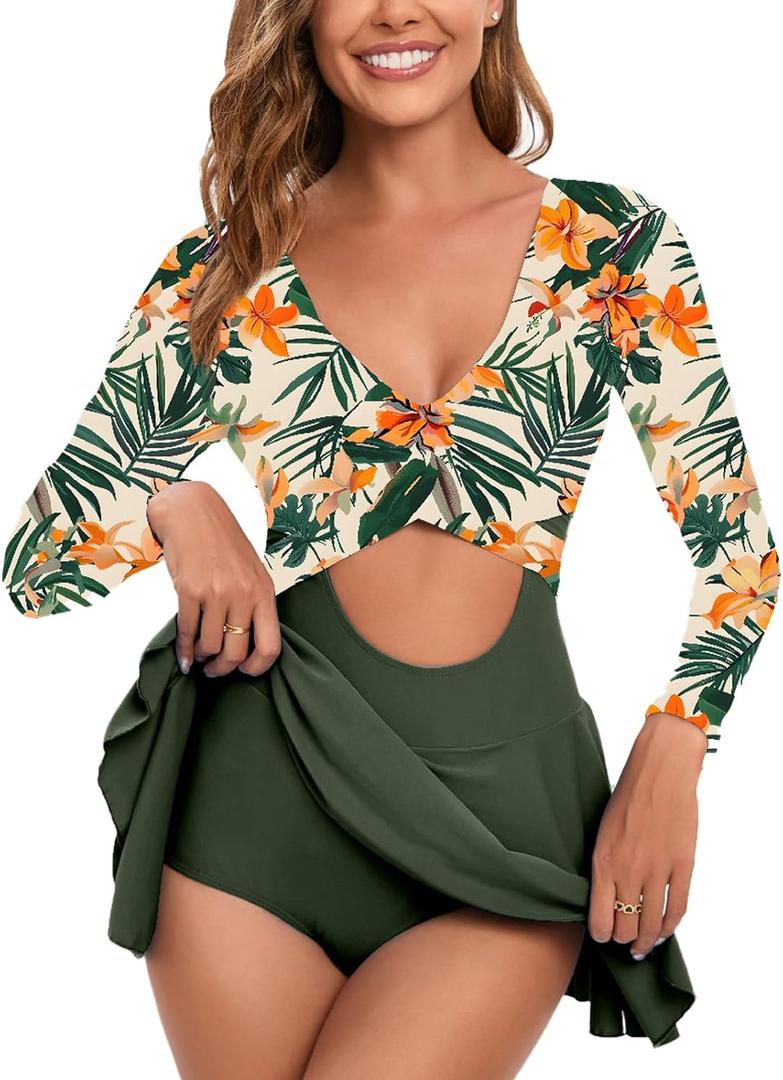 NESY Long Sleeve Swimsuits for Women Rash Guard V Neck One Piece Bathing Suit Swim Dress Woman Swimwear Swimdress UPF 50+ (Green, XXL)