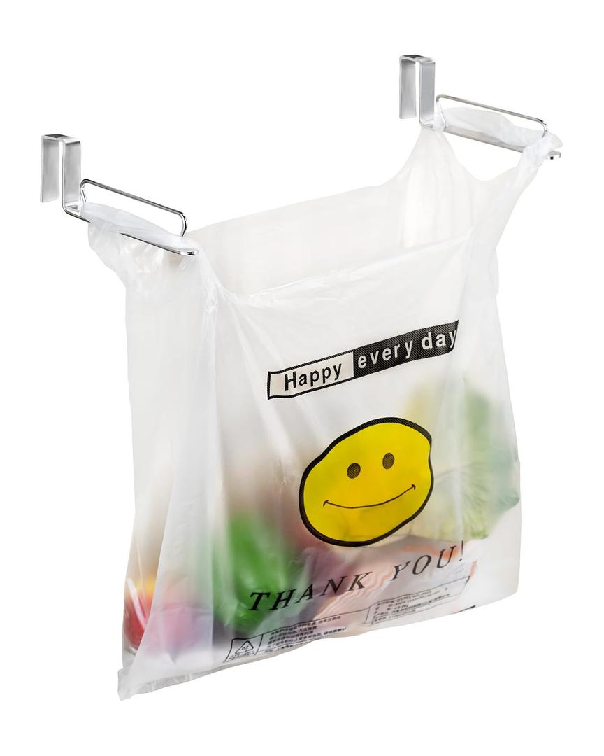 YQh Stainless Steel Cabinet Door Trash Bag Holder for Kitchen Cabinet Door and Drawer, Cabinet Door Hook Adjustable Spacing, Suitable for Plastic Bags with Handles Food Bags