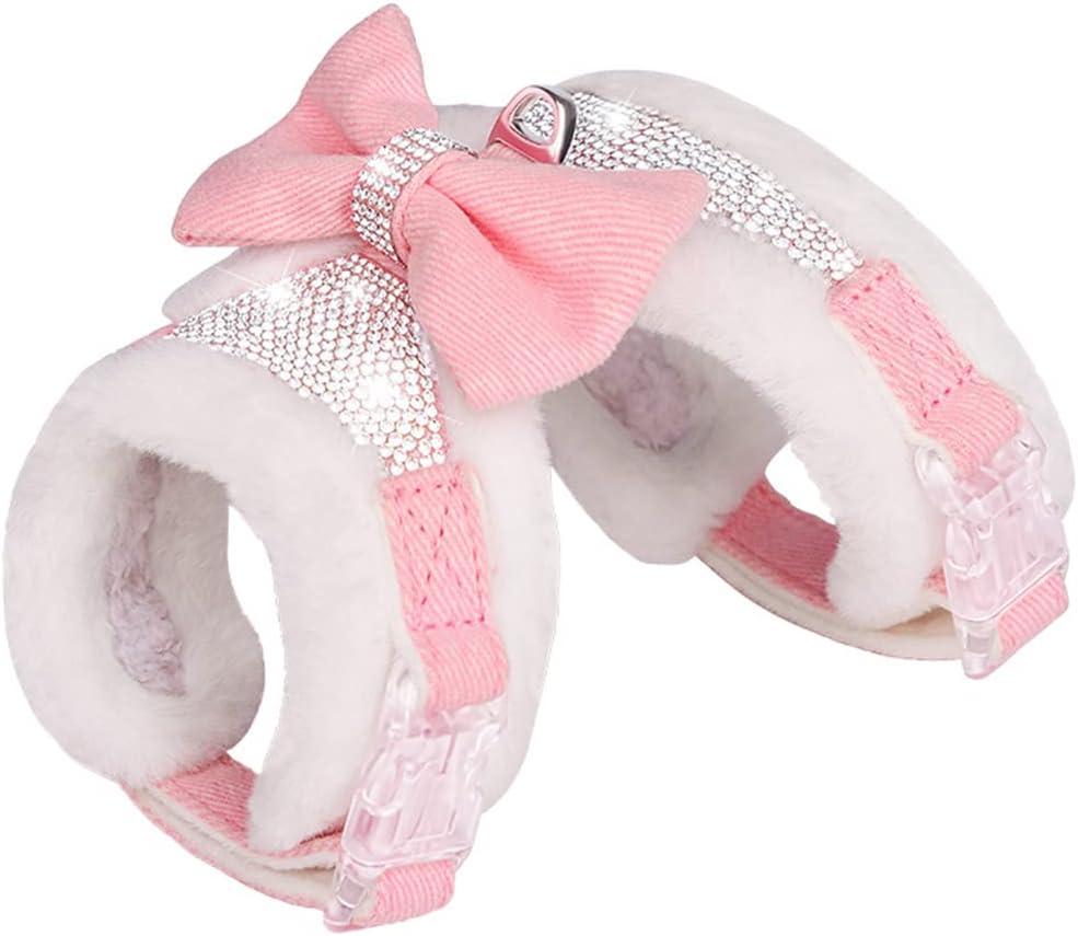 FUNAT Plush Chest Straps for Dogs, Rhinestone Winter Dog Harness, Vest Bow Harness for Small Medium Dogs (Pink)