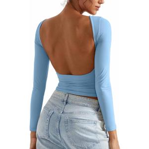 SUUKSESS Women Backless Going Out Tops Double Lined Open Back Basic Long Sleeve (Small, Sky Blue)