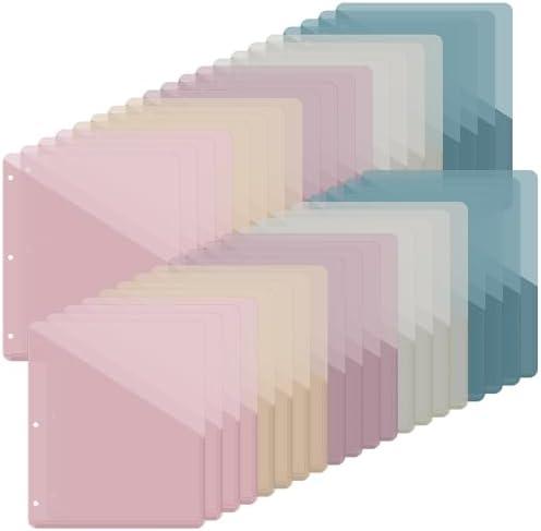 Maitys 50 Pack Binder Pockets 3 Hole Punch Clear Plastic Document Folders Binder Organizer Store Letter Size 8.5x11 Inch Paper Folders with Pockets Slash File Jacket for Office (Morandi Color)