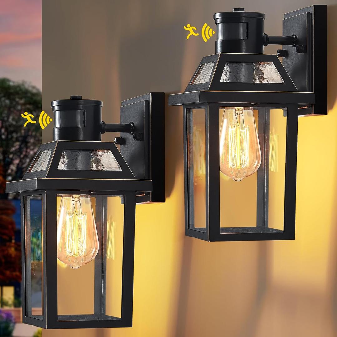 Yisuro Motion Sensor Outdoor Wall Lights, Porch Light Outdoor 3 Lighting Modes, Dusk to Dawn Exterior Light Fixture, Waterproof, Outside Lights for House Front Door Patio Garage 2 Pack (Black), 7.28inches