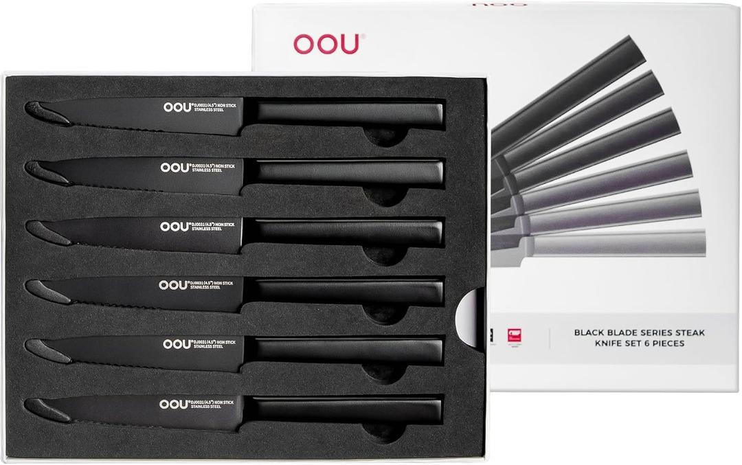 OOU Steak Knives Set of 6, 4.5" German High Carbon Stainless Steel Steak Knife Set, Serrated Steak Knives, Dishwasher Safe & Rust-Resistant Kitchen Knife Sets