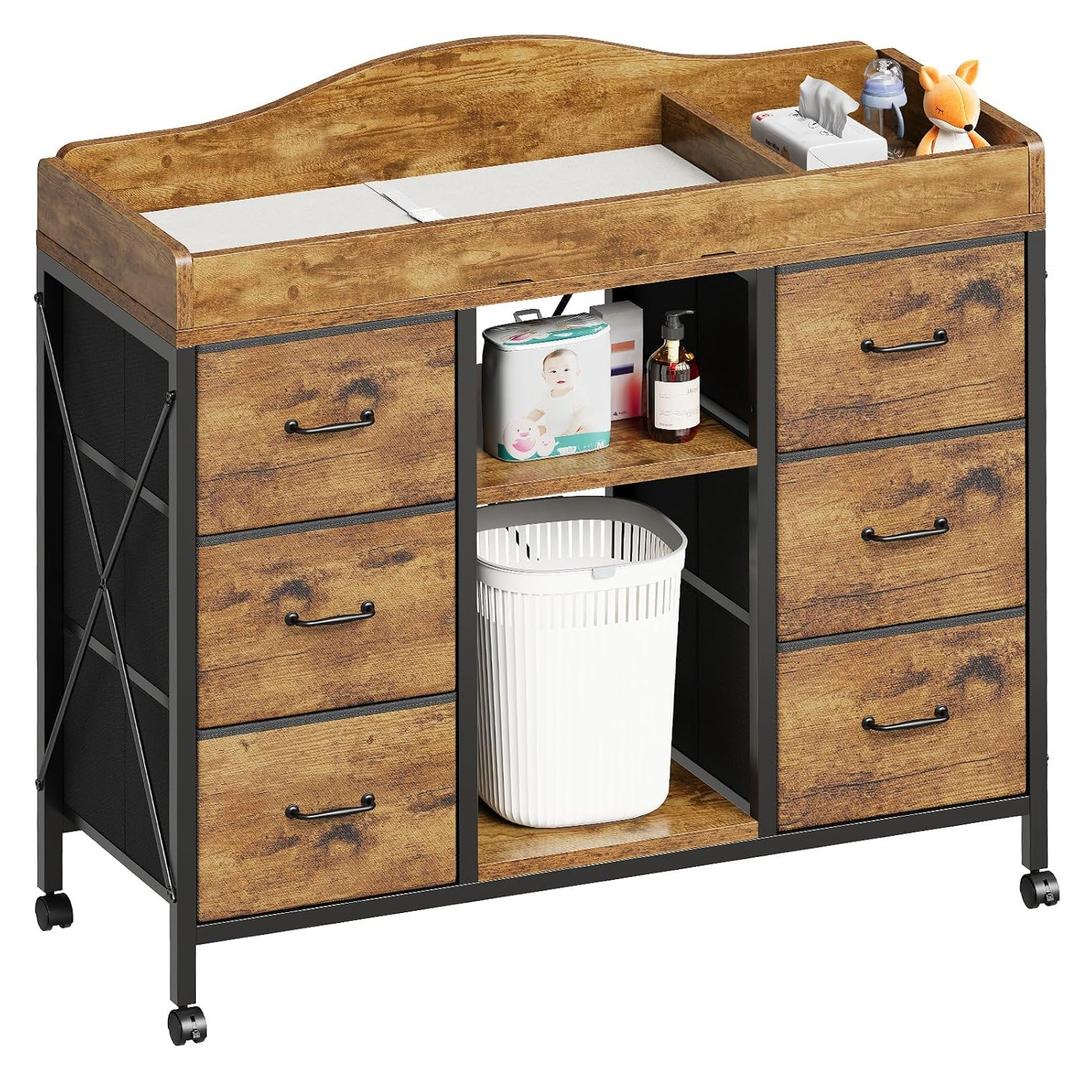 Changing Table, 6-Drawer Dresser, Adjustable Shelves, Rustic Brown
Changing Table Dresser, Waterproof Diaper pad & Safety Strap, 6 drawers, Adjustable shelves, Mobile Nursery Organizer