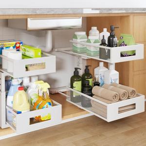 Under Sink Organizer, 2-Tier Dual Pull Out Cabinet Organizer Drawers With Smooth Circular Rail, Large Capacity Metal Mesh Sliding Shelves For Bathroom& Kitchen Storage,Height AdjustableWhite,2 Packs, 2 Pack-15.9"dx11.6"-16.7" H