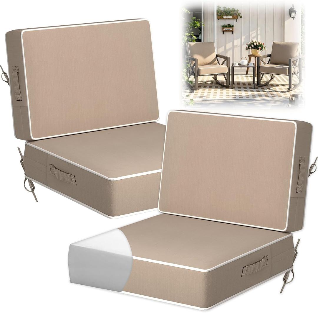 2 Pack Outdoor Chair Cushions 24x24x5 Inch, Patio Chair Cushions w/Straps Handle, Fade-Resistant Waterproof Removable Cover Patio Furniture Cushions for Seat Garden Backyard, Khaki
