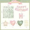 Pink and Green Birthday Decorations for Women Girls, Sage Green Pink Sand White Gold Foil Confetti Balloons Happy birthday Banner Gold Butterfly Fringe Curtains Birthday Decorations