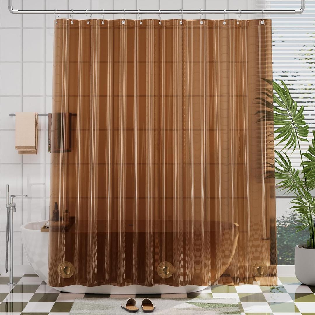 AmazerBath Premium EVA Shower Curtain Amber, Luxury Clear Brown Jelly-Like Soft Waterproof Shower Curtain with 3 Weighted Stones and 12 Grommets, Recyclable Packaging