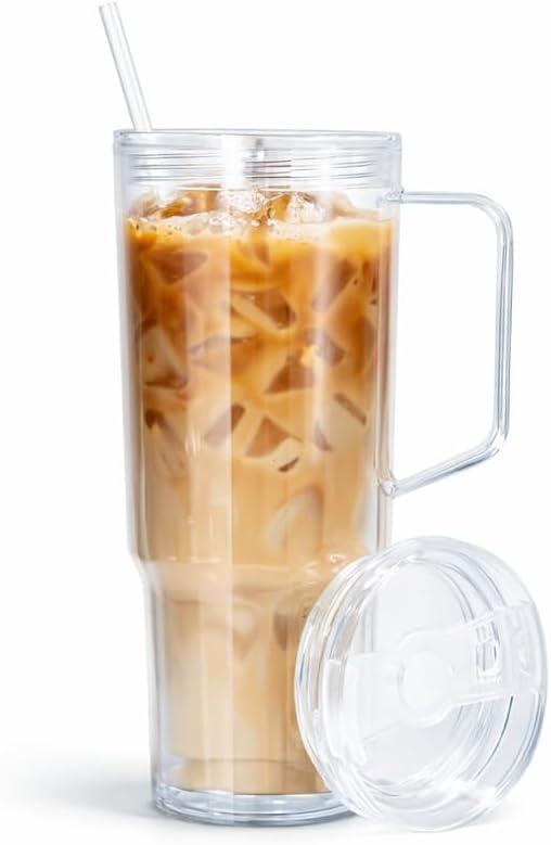 40 oz Tumbler with Handle and Straw, Clear Acrylic Cup, Double Wall Insulated Reusable Cold Drink Cup with Lid, Leakproof Travel Mug