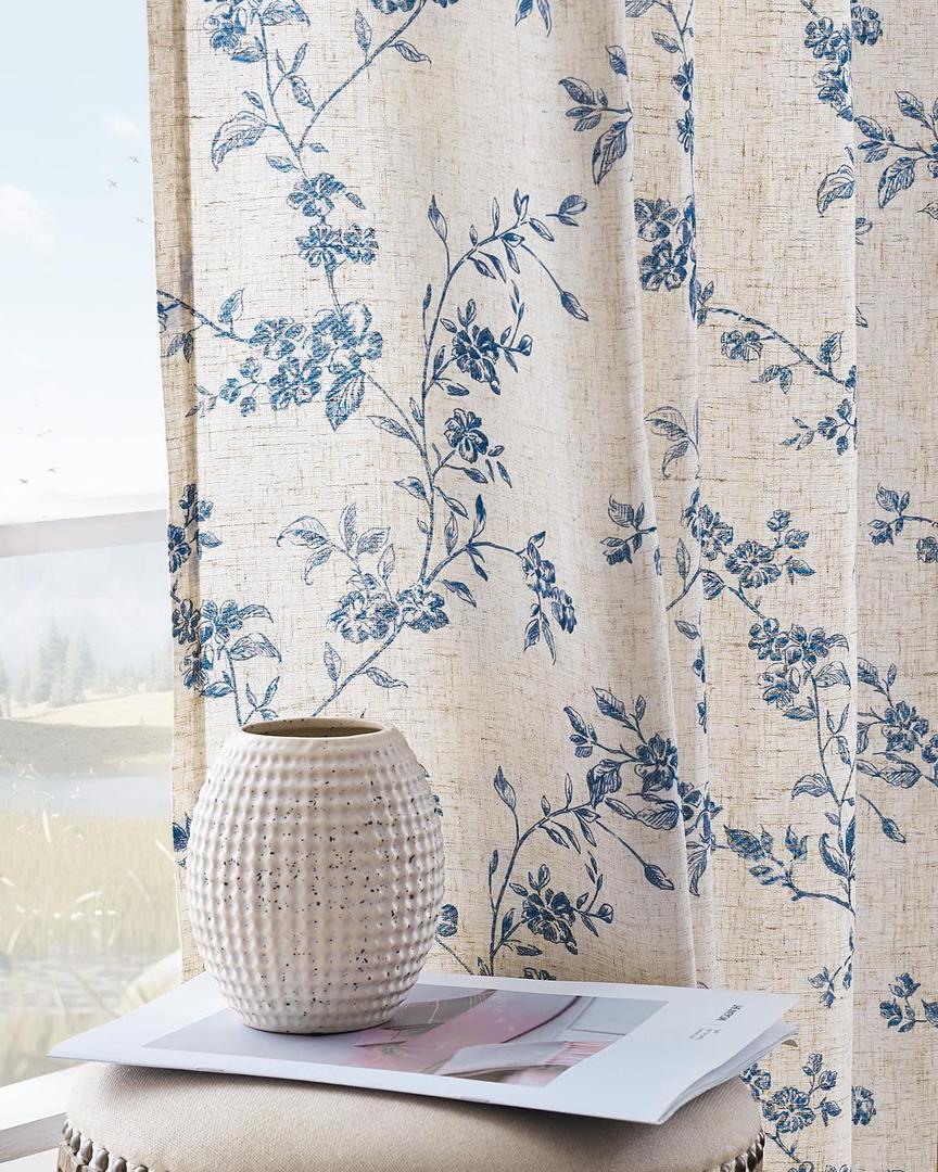 jinchan Linen Floral Curtains for Living Room 84 Inch Length Blue Printed Curtains Back Tab French Country Farmhouse Flower Patterned Drapes Bedroom Window Curtain Set 2 Panels