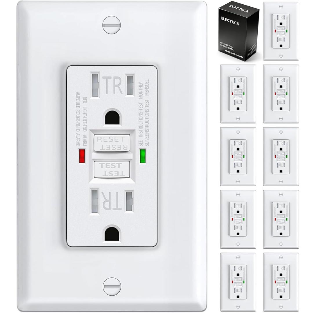 10 Pack GFCI Outlets 15 Amp, Tamper Resistant (TR), Self-Test GFI Receptacles with LED Indicator, Ground Fault Circuit Interrupter, Decor Wallplate Included, UL Listed, White