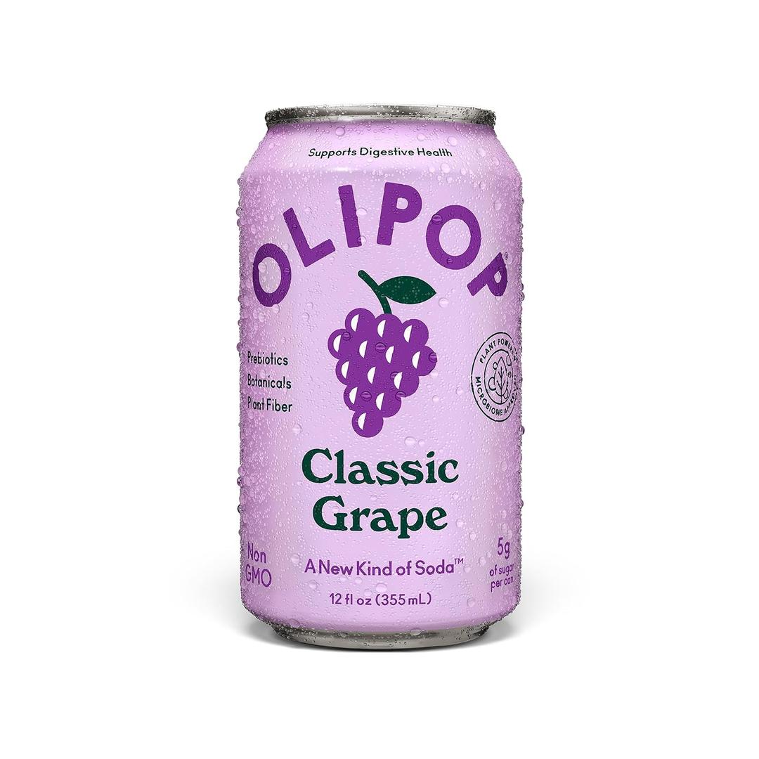 OLIPOP - Classic Grape Sparkling Tonic, Healthy Soda, Prebiotic Soft Drink, Aids Digestive Health & Immune Health, High in Plant Fiber, Caffeine Free, Low Calorie, Low Sugar 12 oz (EXP 07/22/26)