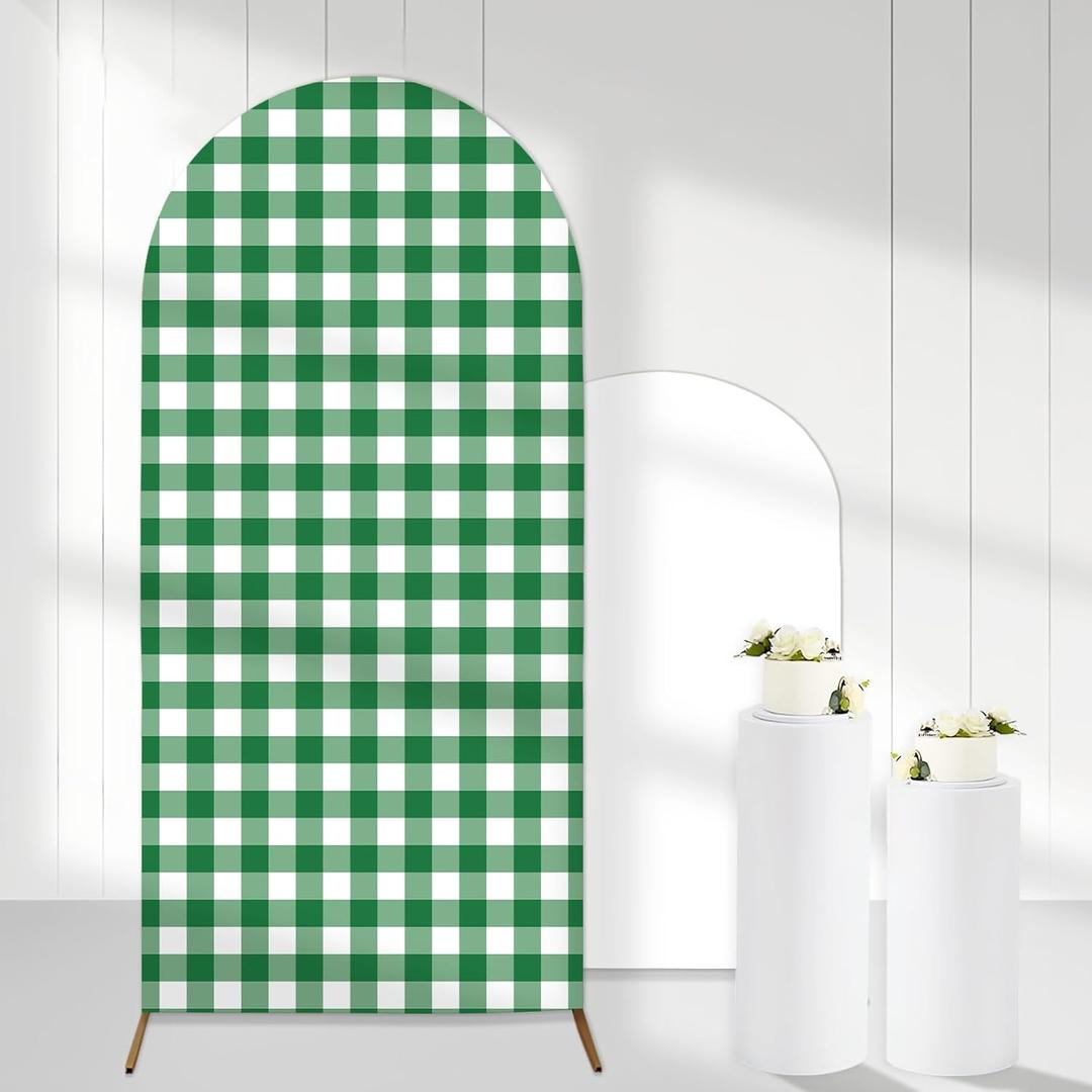Green White Checkered Arch Backdrop Covers, 6 Ft Stretchy Arch Backdrop Stand Covers, Photography Background Green White Plaid Arch Stand Covers for Wedding Birthday Baby Shower Party Decor (1)