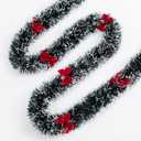 Christmas Tinsel Garland Decor, Dark Green Snowy White Tips Garland with Red Bows, Holiday Party Xmas Tree Decoration, 2 Pieces/Set, 6 ft/Piece