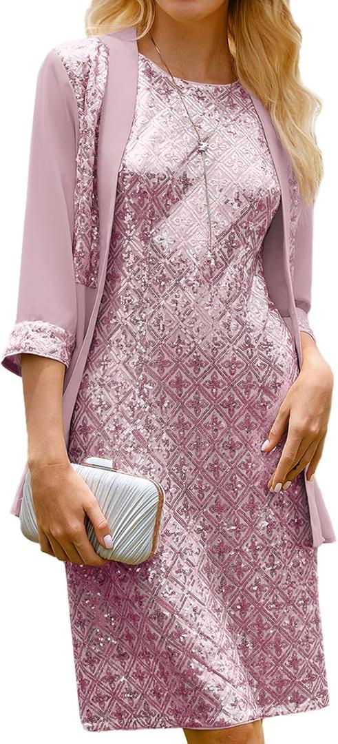 GRACE KARIN Mother of The Bride Dresses,Formal Wedding Guest Dress,Sequin Dress 2 Piece with Jacket Knee Length 2025 (XX-Large, Gray Pink)