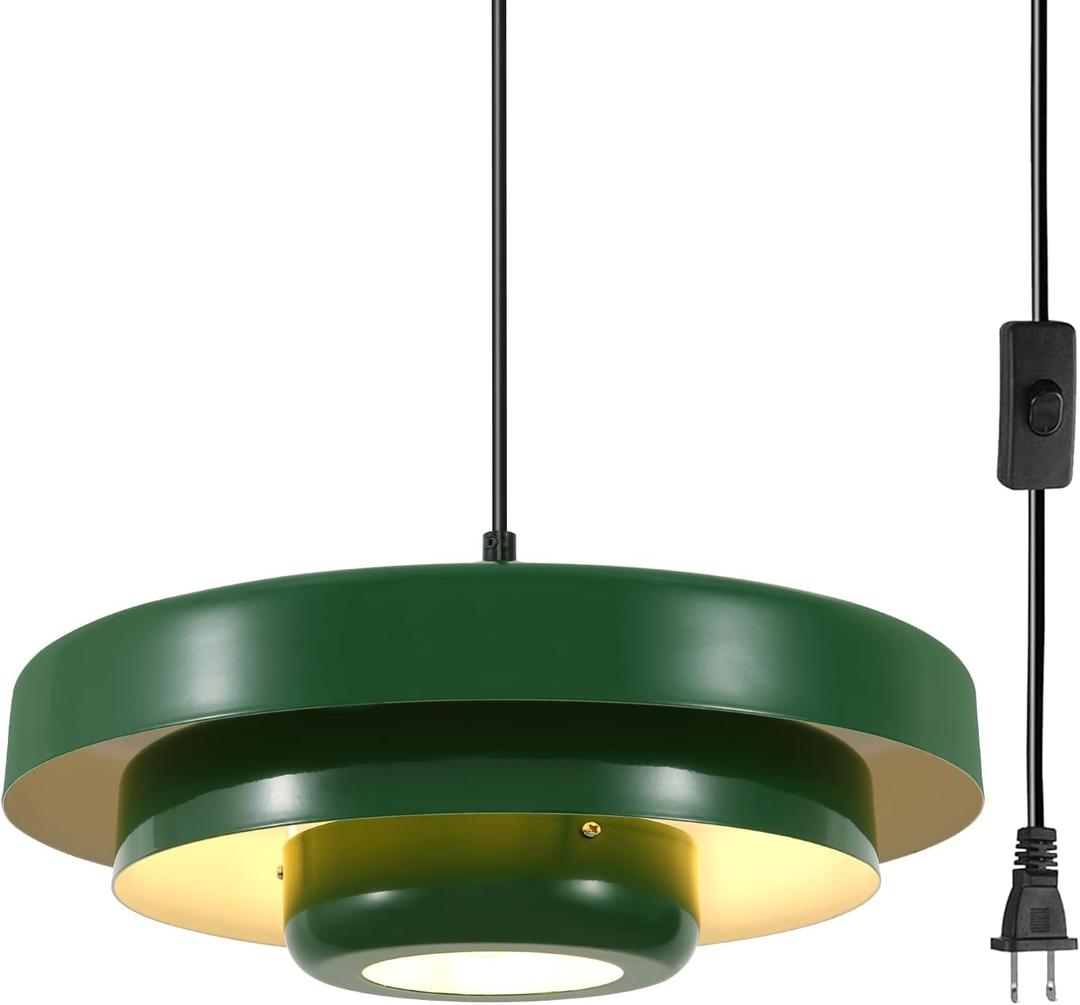 Plug in Chandelier Green Pendant Light Modern Kitchen Island Metal Hanging Light 17.7" Large Shade Mid Century Pendant Lamp for Dining Room Living Room Hallway