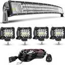 LED Light Bar Kits - 32IN Curved 405W Spot Flood Combo Beam, 4PCS 4inch 60W Led Pod Lights with Wiring Harness for Car Accessories Pickup SUV ATV UTV Boat Snowplow Lights