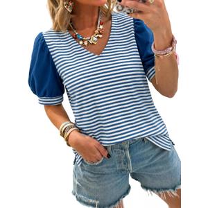 Tankaneo Womens Puff Sleeve Striped T-Shirts Summer V Neck Color Block Tops | Trendy Casual, Loose Fit Blouses, Basic Tees, Tunic Tops (M)