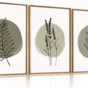 HOURIA Sage Green Leaves Framed Canvas Wall Art Set, Minimalism Boho Leaf Wall Decor, Modern Nature Botanical Wall Painting, Mid Century Plant Art Prints for Living Room, Bedroom, Farmhouse-24 x36 x3