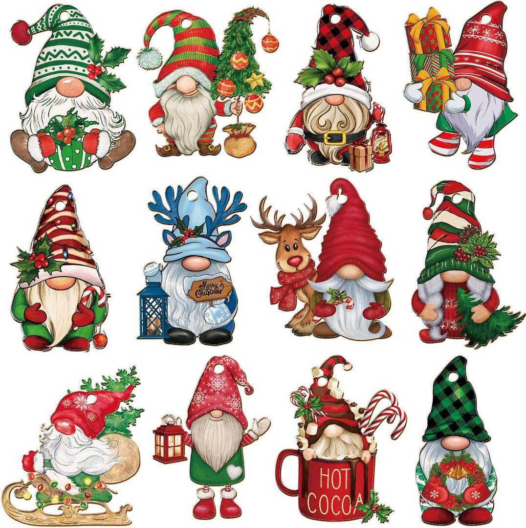 RINOLY 24pcs Christmas Gnome Hanging Ornaments, Wooden Christmas Tree Decorations