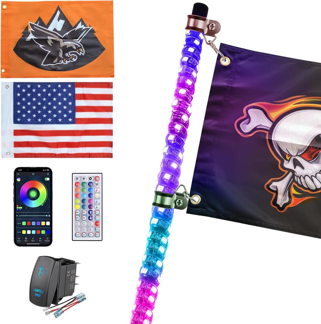 1 Pack 4FT Music Whip Light - 366+ Chasing Modes RGB Lighted Whips with APP & Remote Control, Rocker Switch, Nylon Flags & Spring Base for UTV ATV Polaris RZR Can-Am SXS Truck