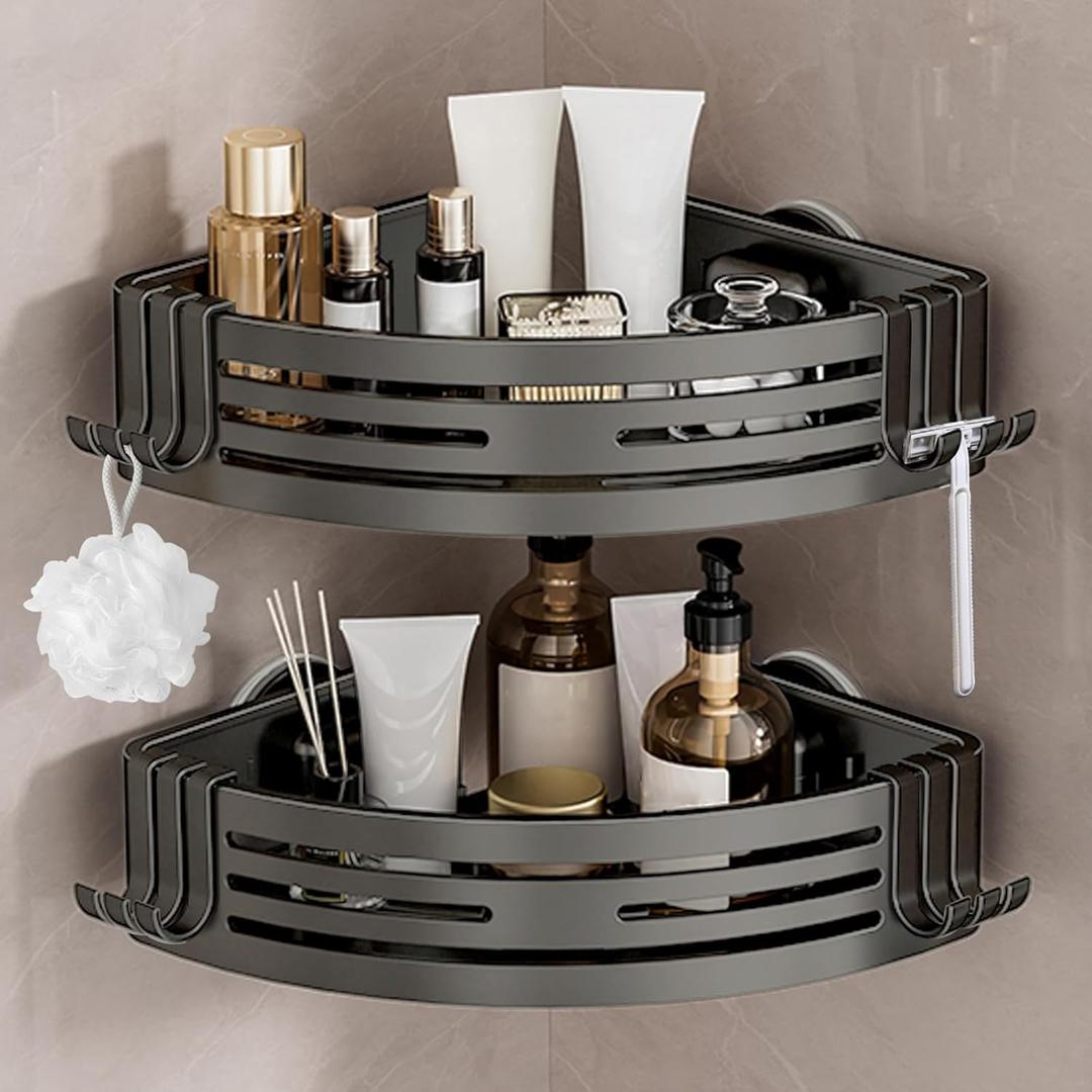 Conworld Corner Shower Caddy Suction Cups, Corner Shower Shelf for Inside Shower, Organizer Suction for Bathrooms Storage, No-Drilling Removable (Aluminum, 2-Pack, Gunmetal Gray)