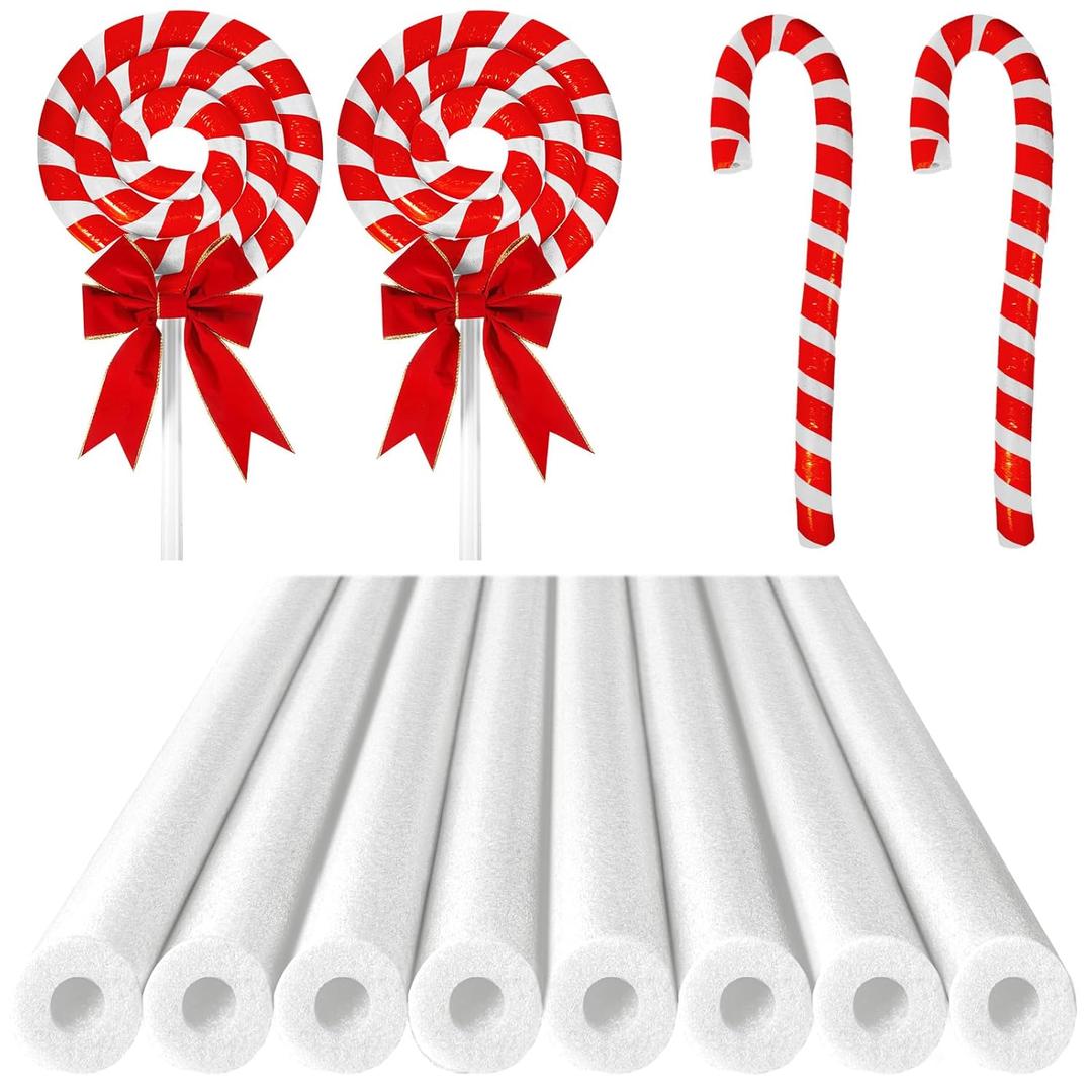 Sratte 8 Pcs Christmas Foam Noodles with Packaging Tape 55 Inch Hollow Foam Noodles for Christmas Decor DIY Craft Projects (White Noodle, Red Tape)