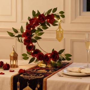 Yookeer Ramadan Decorations Eid Mubarak Table Decor Lighted Moon Shaped Wreaths with Castle for Fireplace Office Bedroom Party Supplies Muslim Party Tabletop Decor Home (Rose)
