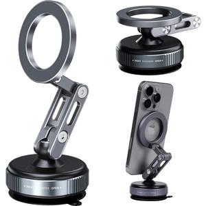 Vacuum Magnetic Car Phone Mount for MagSafe, 360 Adjustable Ball Joint, Strong Suction Cup Windshield Phone Holder with Aluminum Alloy Telescopic Arm (Grey)