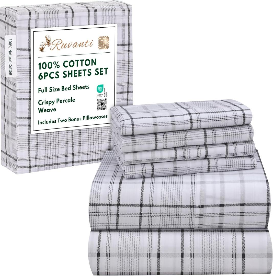 RUVANTI 6 Pcs Cotton Sheets - 100% Natural Cotton Soft, Lightweight & Breathable Crispy Percale, Full Size Bed Sheets, 16" Deep Pockets, Open Check