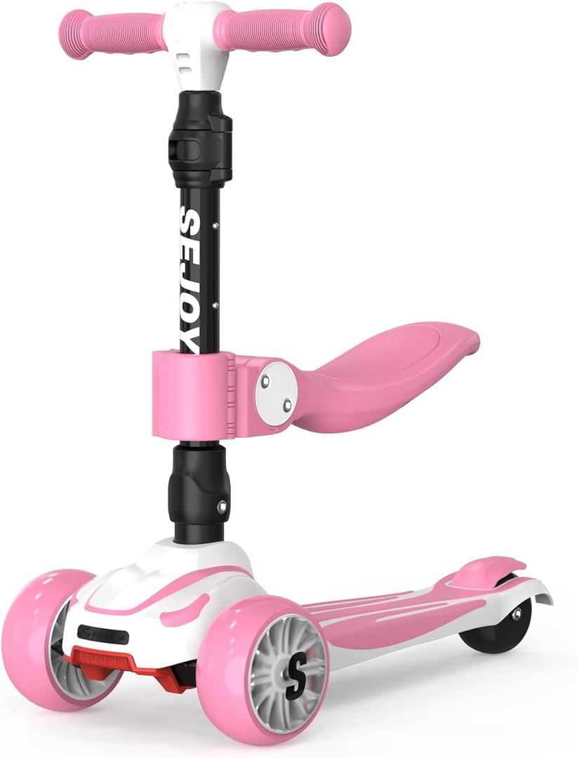 Sejoy Toddler Kick Scooter for Kids with 3 Wheels Extra-Wide Childrens Foldable Toy Scooter with Adjustable Height/Handlebars & Folding Seat for Kids Ages 3+ (Pink)