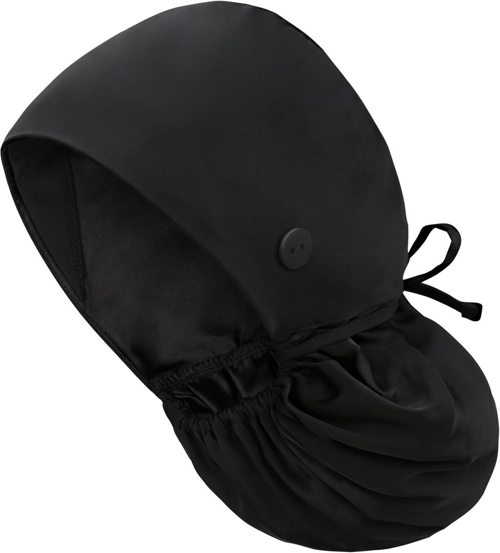 Satin Lined Scrub Cap with Ponytail Pocket, Adjustable Surgical Cap with Sweatband & Buttons, Soft and Wrinkle-Resistant Scrub Hat for Medical, Spa, Beauty, Kitchen Use, Unisex Black
