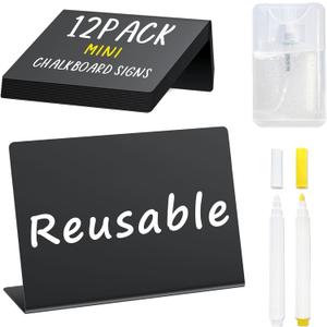 PigPotParty 12 Pcs Food Labels for Party Buffet w/Cleaning Spray, 4"x3" Mini Chalkboard Signs for Food Display, Table Place Cards - Name Tags- Small Chalk Board Signs, w/ 2 Markers