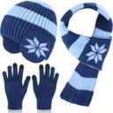Chicingyou 3 Pcs Kids Hat Gloves Scarf Set Winter Knitted Beanie with Earmuffs Double Layer Scarf for Boy Girl 8-12 Years Old (Blue)