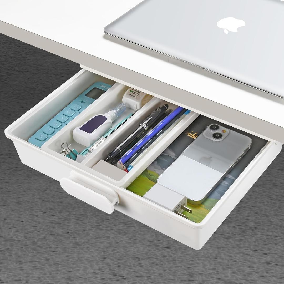 GGIANTGO Under Desk Drawer Organizer, Self-Adhesive Storage, Office & Home Stationery (Large-White)