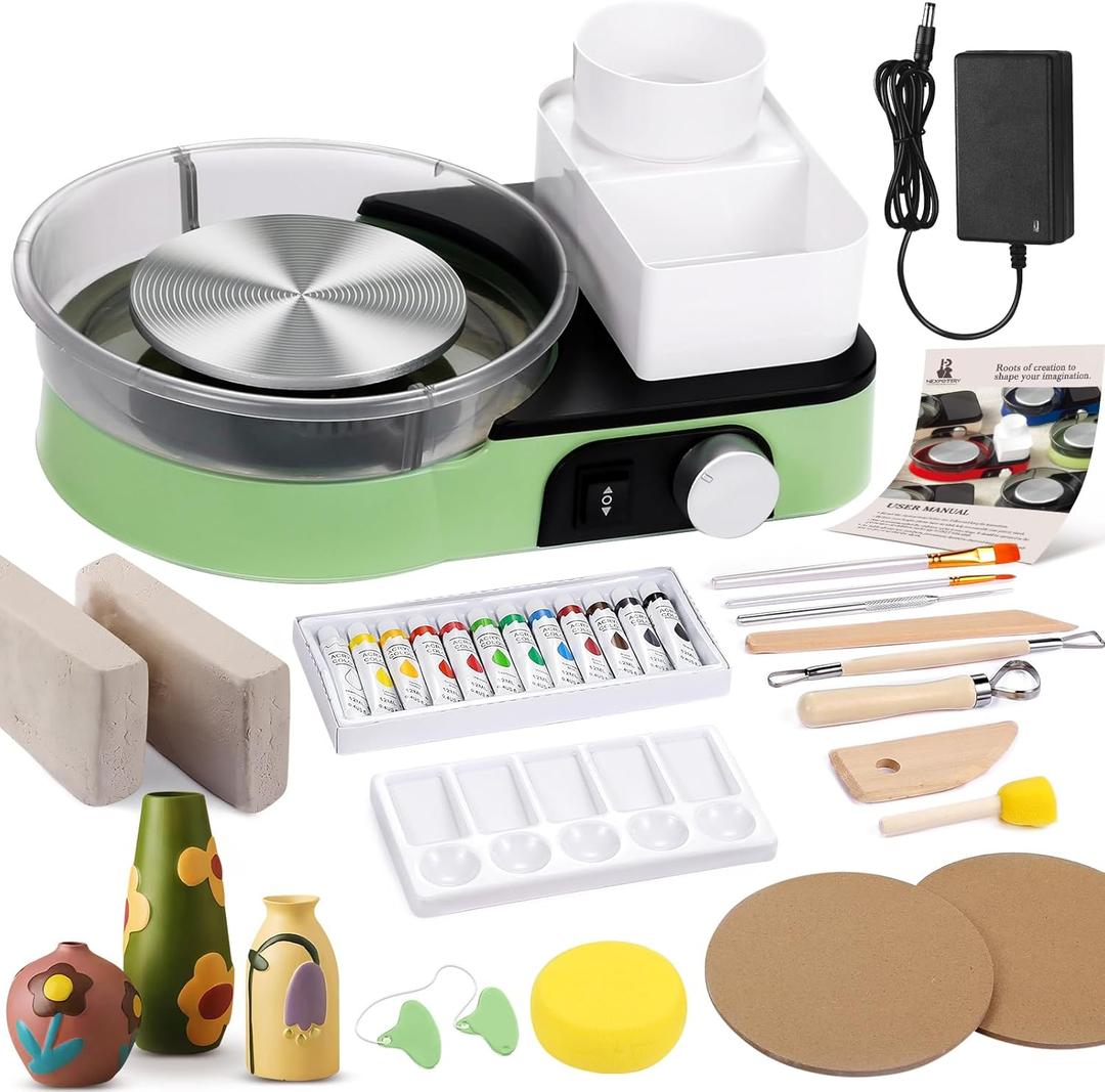 Pottery Wheel for Adults - Complete Pottery Tools Kit for Beginners, 6" Turntable Two-Way Rotation Adjustable Speed, 2.2 lbs. Air Dry Clay, Mini Clay Making Pottery Wheel with Storage Design (Green)