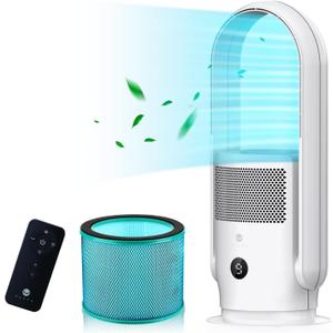 U ULTTY Bladeless Tower Fan with Air Purifier, 90° Oscillating Bladeless Fan with Remote, Touch, 8H Timer, Floor Fans for Bedroom Whole Room Home Office R021, White